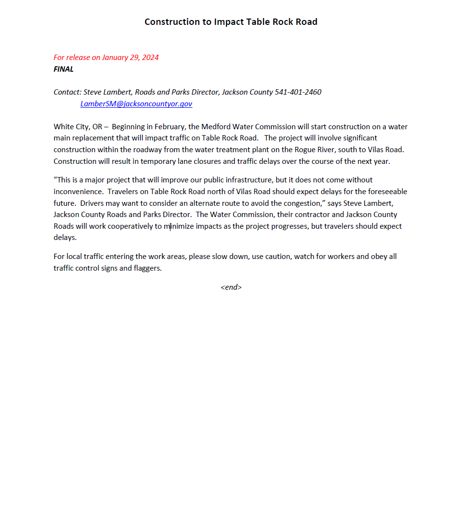 Jackson County Project Press Release