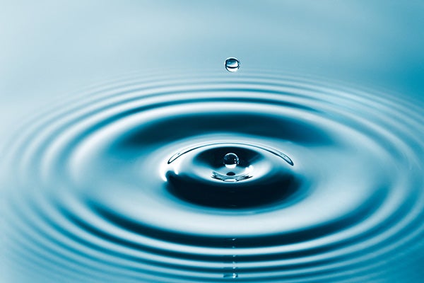 Ripples across glassy water after a drop of water breaks the surface tension.