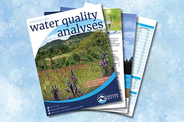 A brochure titled Water Quality Analyses stacked on top of other brochures.